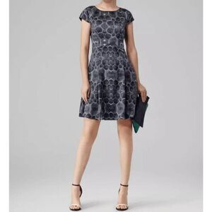 Reiss Baker Silk Tortoise Print Fit and Flare Dress Black White Size 2